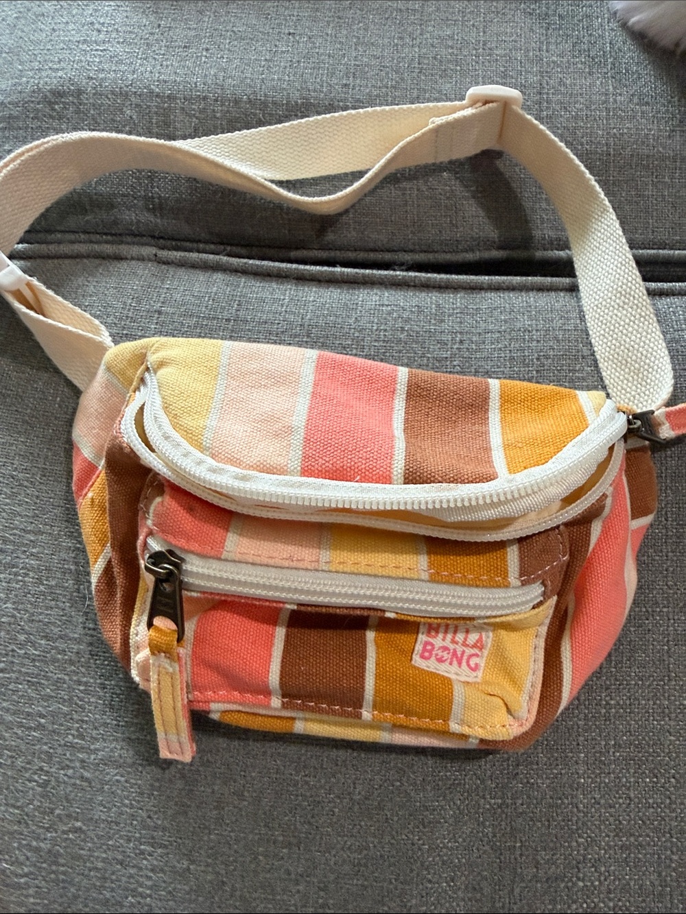 Striped Canvas Waist Bag - Coral, Yellow & Brown. Youth size